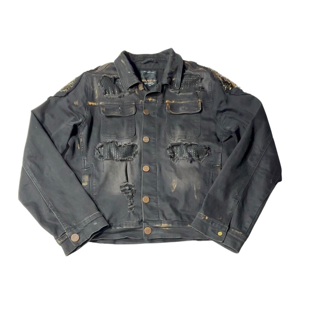 Majestik Tiger Threads Distressed Denim Jacket Size Medium